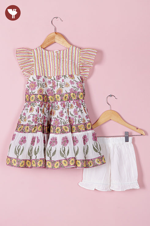 Mul Mul Cotton White Girls Top & Short Set in Floral Block Print