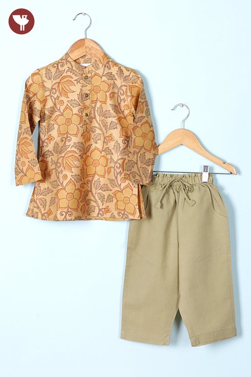 Tussar Cotton Boys Kurta Pyjama Set in Floral Block Print