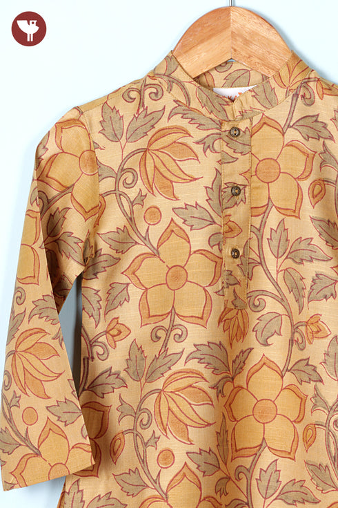 Tussar Cotton Boys Kurta Pyjama Set in Floral Block Print