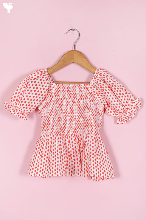 Cambric Cotton Shirred Top In Floral Block Print