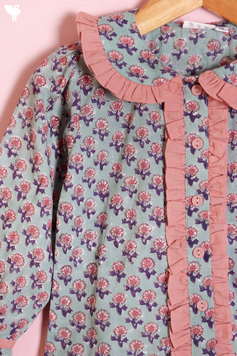 Cambric Cotton Soft Mint Girls Top In Block Print