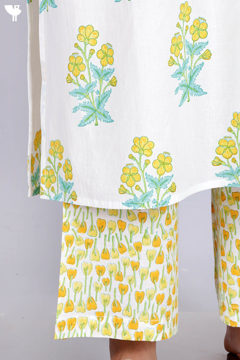 Cotton Kurta Pant Set With Kota Dupatta In Floral Block Print