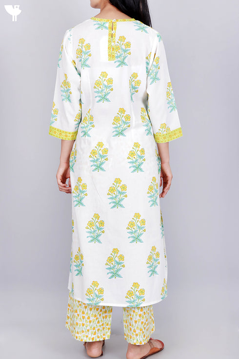 Cotton Kurta Pant Set With Kota Dupatta In Floral Block Print