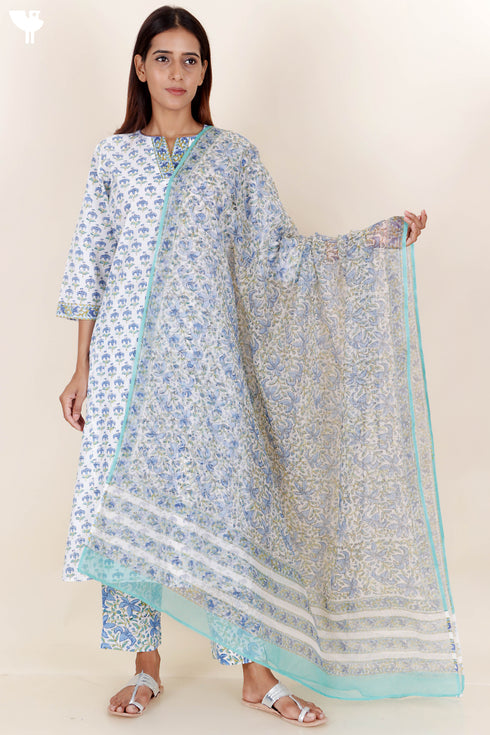 Cotton Kurta Pant And Dupatta Set In Block Print