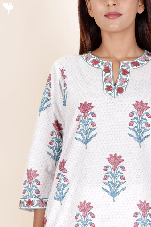 Cotton Kurta Pant And Dupatta Set In Floral Block Print
