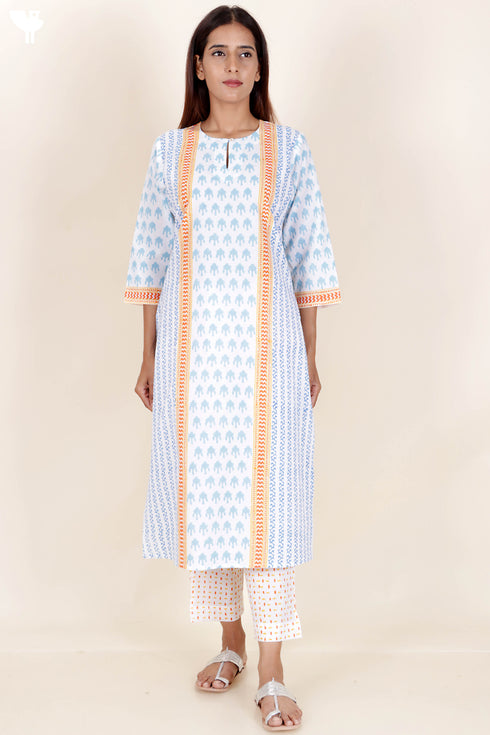 Cotton Kurta Pant And Dupatta Set In Block Print