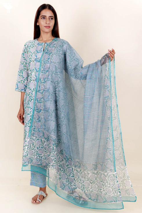 Bizzy Lizzy Kurta And Pant Set With Kota Dupatta In Block Print