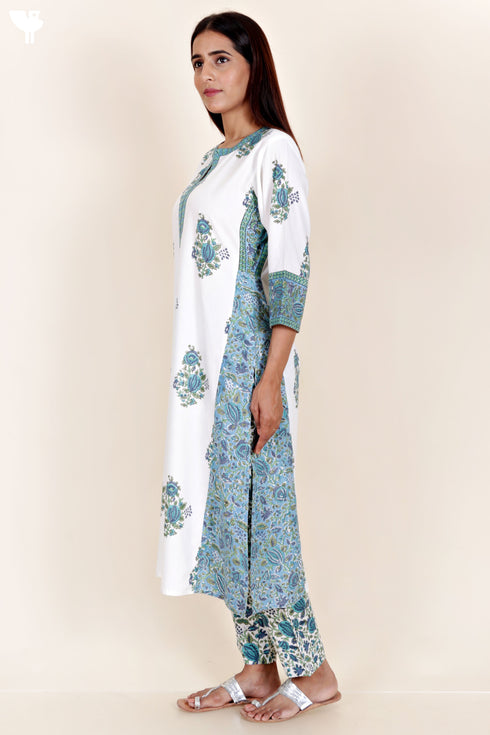 Bizzy Lizzy Kurta And Pant Set With Kota Dupatta In Block Print