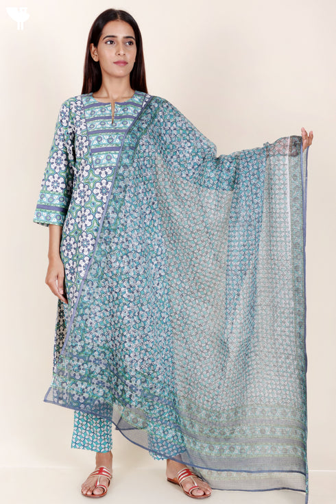 Bizzy Lizzy Kurta And Pant Set With Kota Dupatta In Block Print