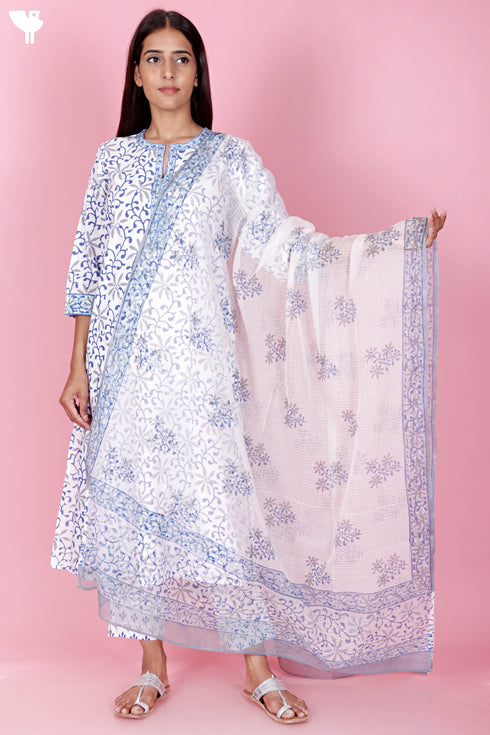 Bizzy Lizzy Kurta And Pant Set With Kota Dupatta In Block Print
