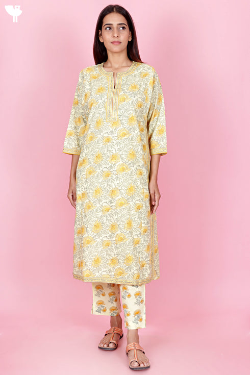 Bizzy Lizzy Kurta And Pant Set With Kota Dupatta In Block Print
