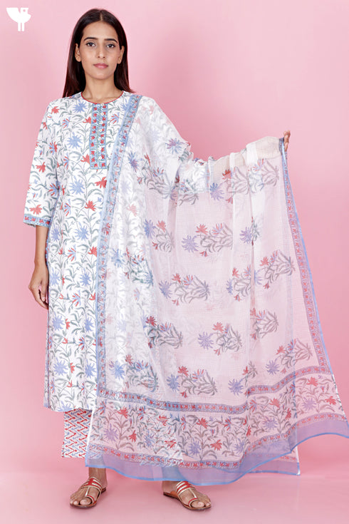 Bizzy Lizzy Kurta And Pant Set With Kota Dupatta In Block Print