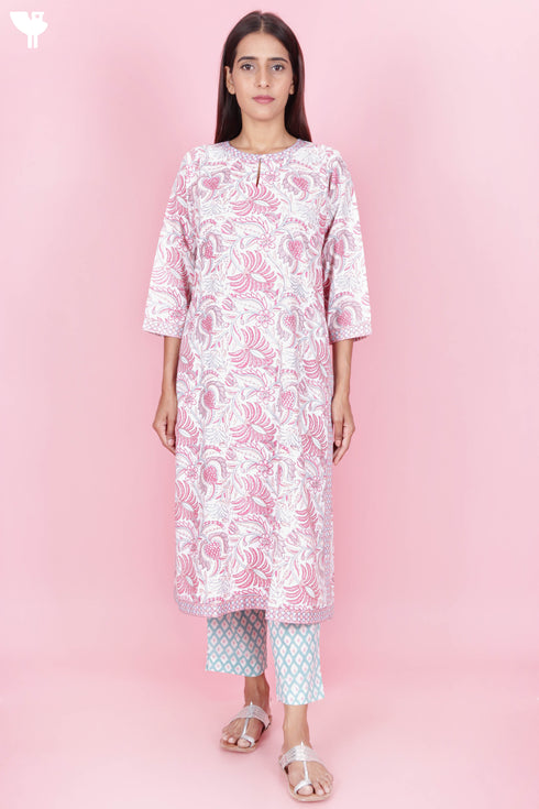 Bizzy Lizzy Kurta And Pant Set With Kota Dupatta In Block Print