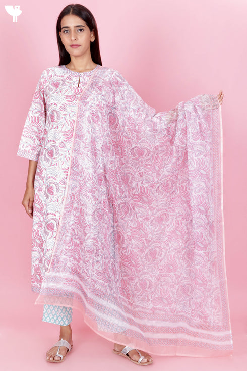 Bizzy Lizzy Kurta And Pant Set With Kota Dupatta In Block Print
