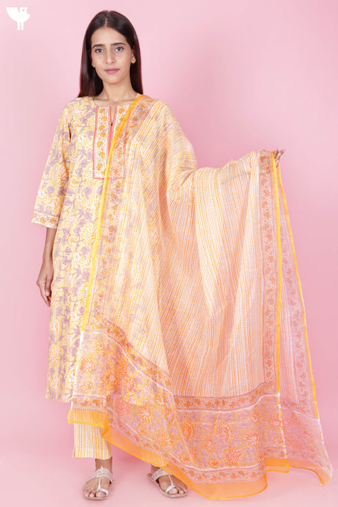 Bizzy Lizzy Kurta And Pant Set With Kota Dupatta In Block Print