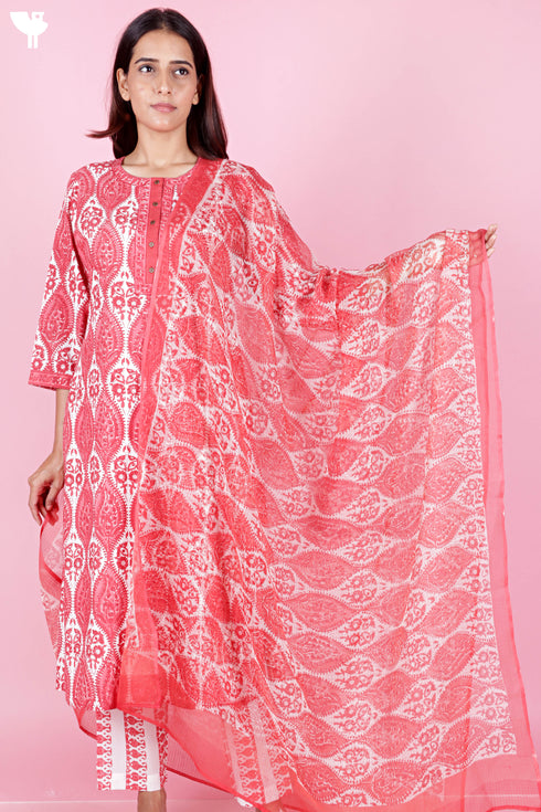 Bizzy Lizzy Kurta And Pant Set With Kota Dupatta In Block Print