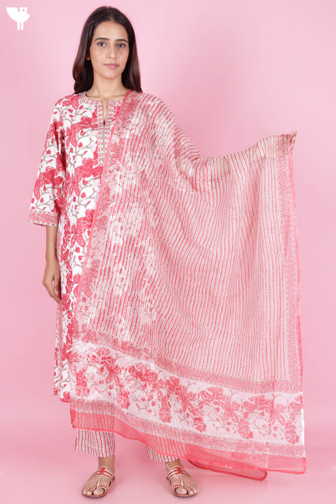 Bizzy Lizzy Kurta And Pant Set With Kota Dupatta In Block Print
