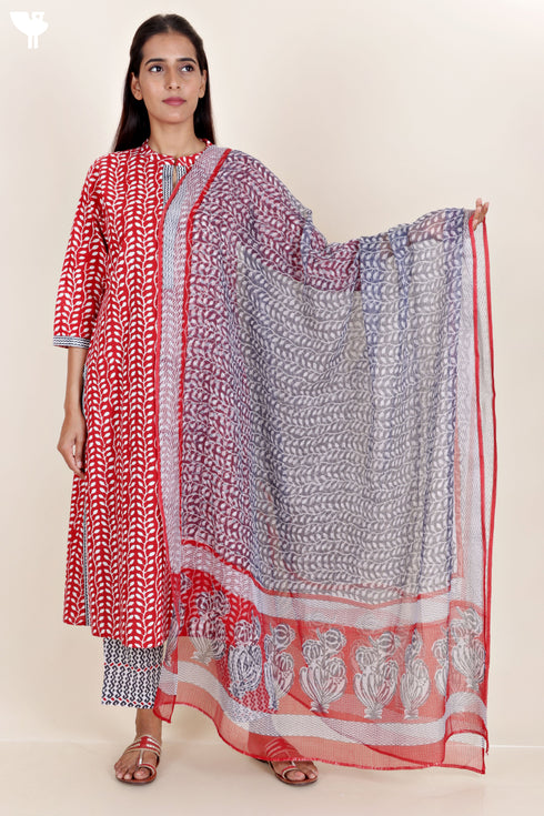 Cambric Cotton Kurta And Pant Set With Kota Dupatta In Block Print