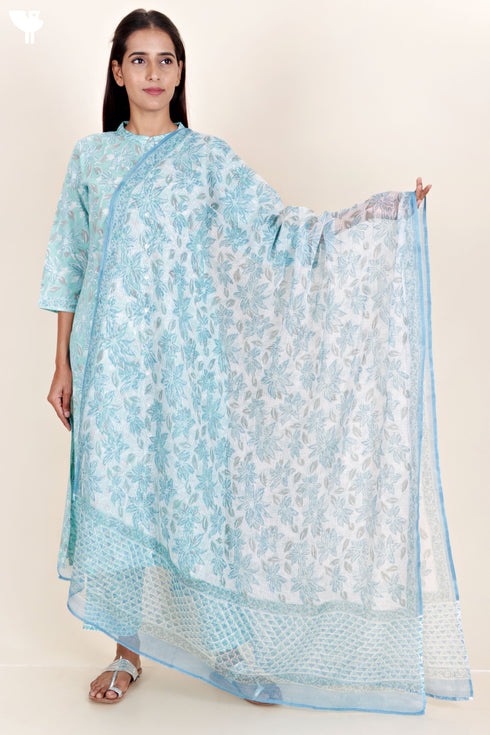Cambric Cotton Kurta And Pant Set With Kota Dupatta In Block Print