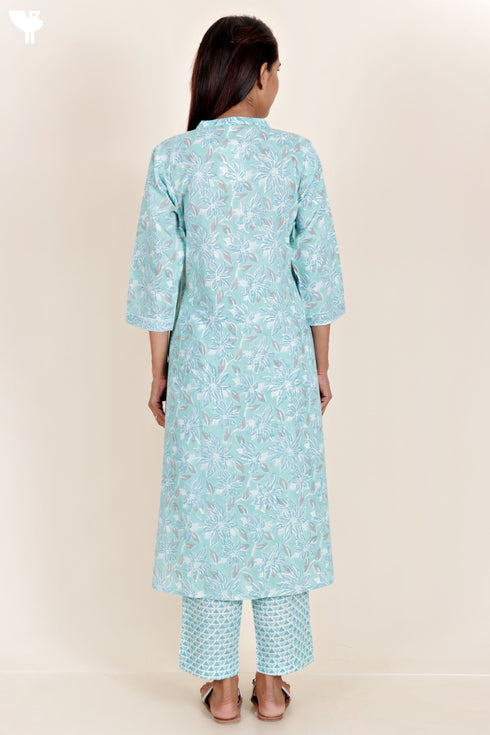 Cambric Cotton Kurta And Pant Set With Kota Dupatta In Block Print