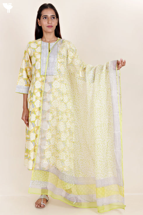 Cambric Cotton Kurta And Pant Set With Kota Dupatta In Block Print