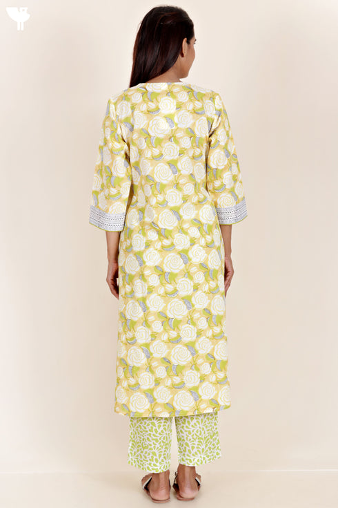 Cambric Cotton Kurta And Pant Set With Kota Dupatta In Block Print