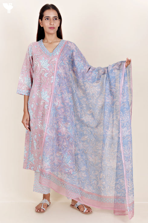 Cotton Kurta And Pant Set With Kota Dupatta In Block Print