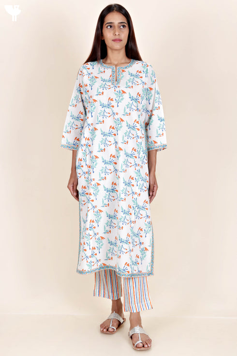 Cotton Kurta And Pant Set With Kota Dupatta In Block Print