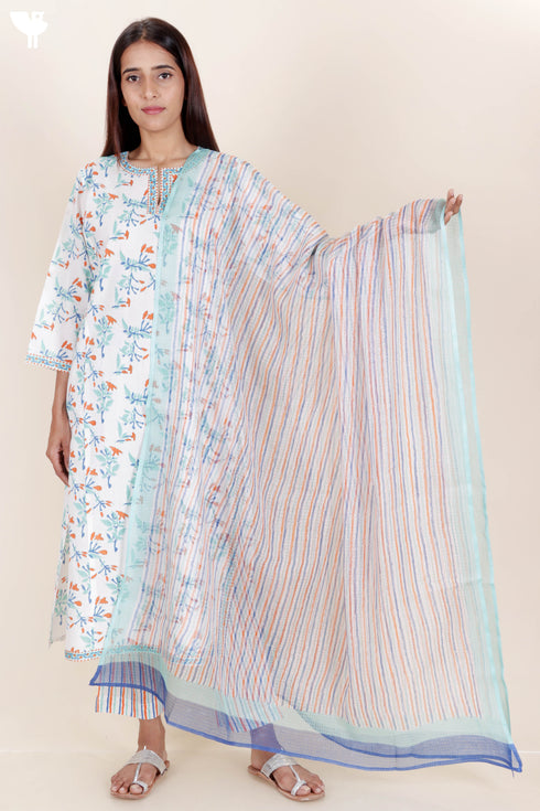 Cotton Kurta And Pant Set With Kota Dupatta In Block Print