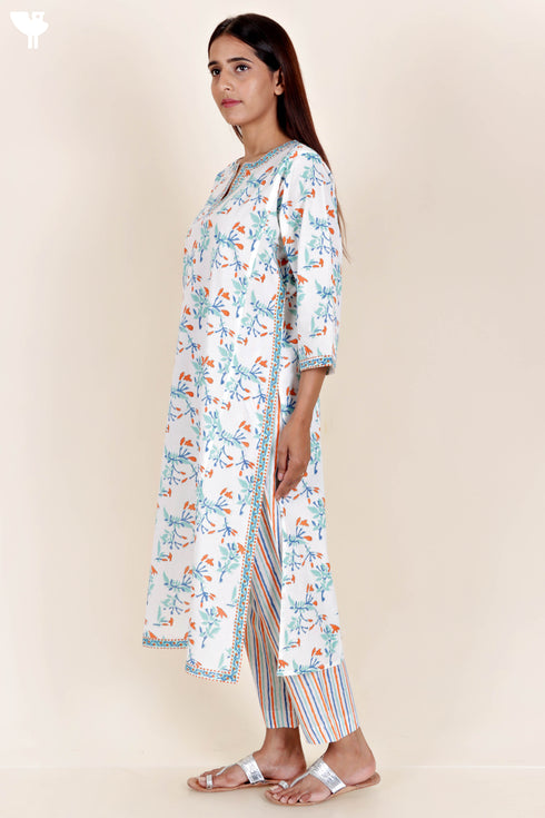 Cotton Kurta And Pant Set With Kota Dupatta In Block Print