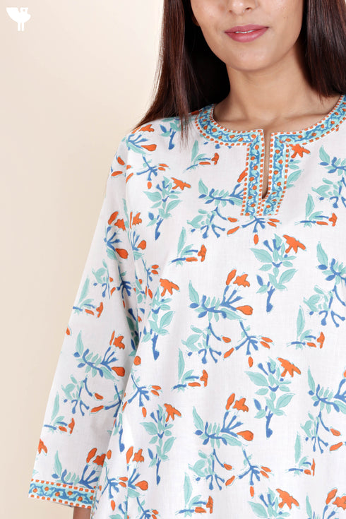 Cotton Kurta And Pant Set With Kota Dupatta In Block Print