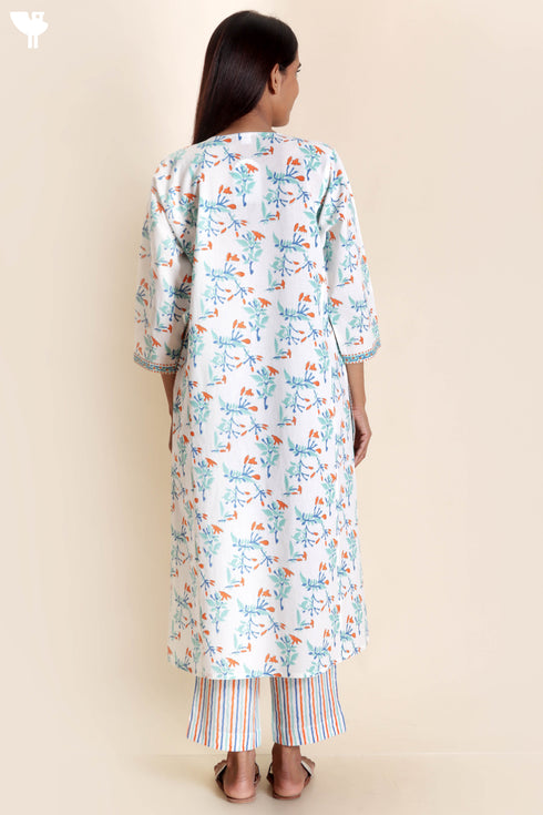 Cotton Kurta And Pant Set With Kota Dupatta In Block Print