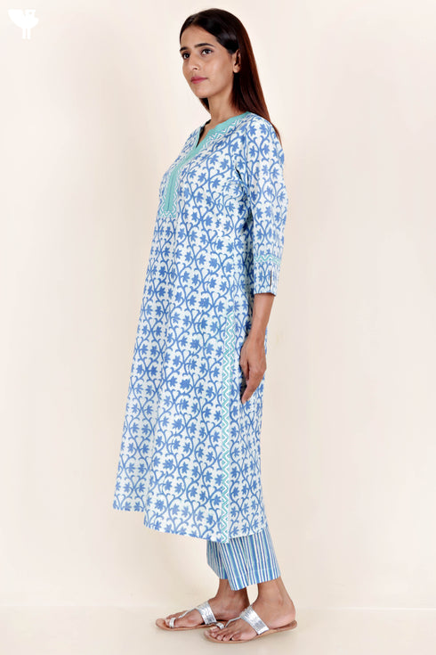 Cambric Cotton Kurta And Pant Set With Kota Dupatta In Block Print