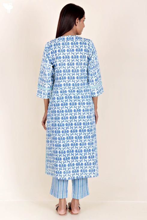 Cambric Cotton Kurta And Pant Set With Kota Dupatta In Block Print
