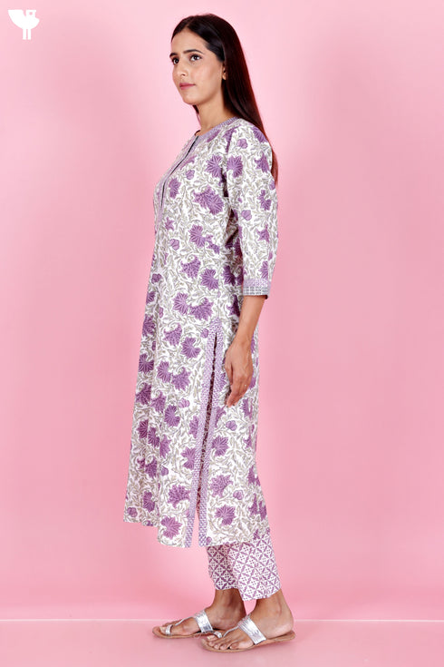 Cambric Cotton Kurta And Pant Set With Kota Dupatta In Block Print