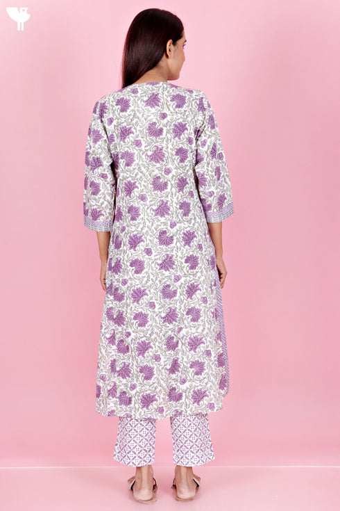 Cambric Cotton Kurta And Pant Set With Kota Dupatta In Block Print