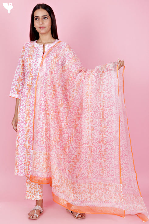 Cambric Cotton Kurta And Pant Set With Kota Dupatta In Block Print