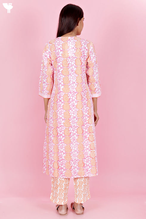 Cambric Cotton Kurta And Pant Set With Kota Dupatta In Block Print