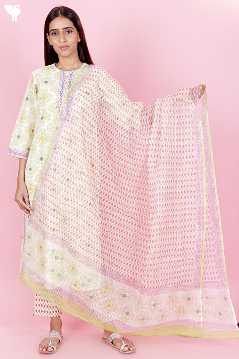 Cambric Cotton Kurta And Pant Set With Kota Dupatta In Block Print