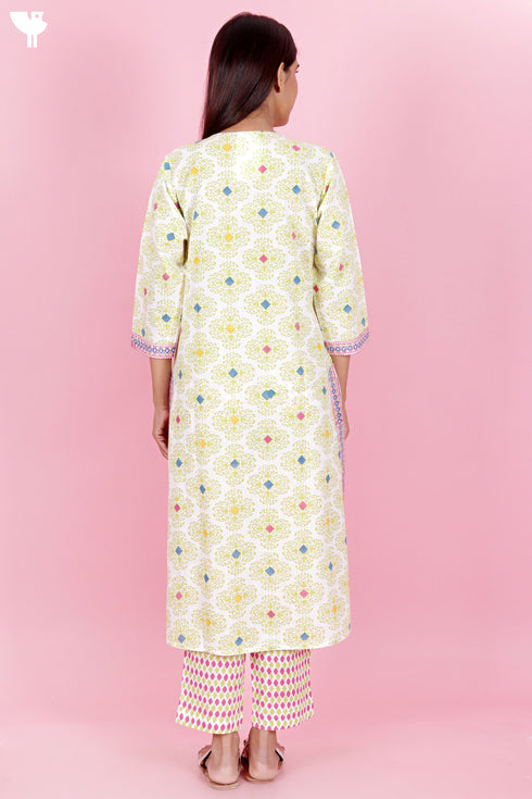 Cambric Cotton Kurta And Pant Set With Kota Dupatta In Block Print