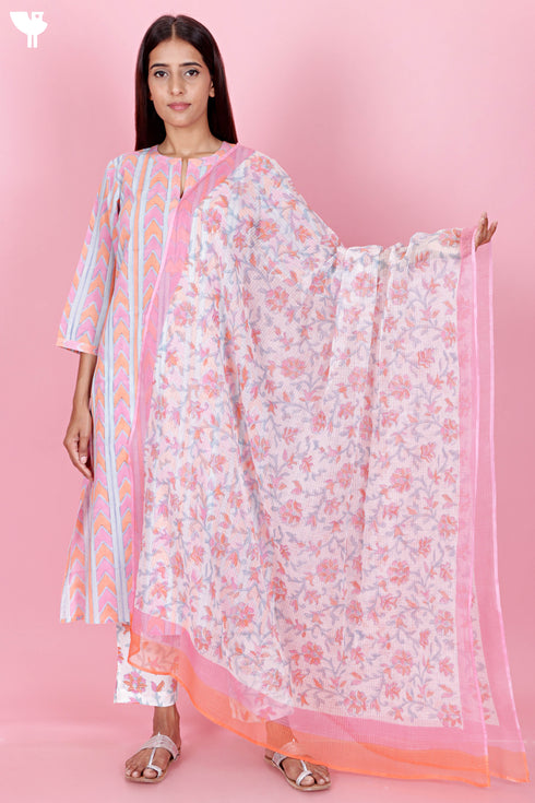 Cambric Cotton Kurta And Pant Set With Kota Dupatta In Block Print