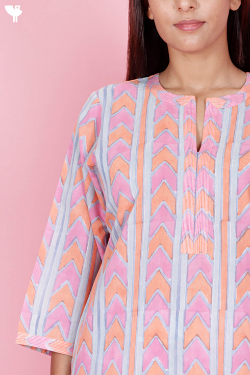 Cambric Cotton Kurta And Pant Set With Kota Dupatta In Block Print