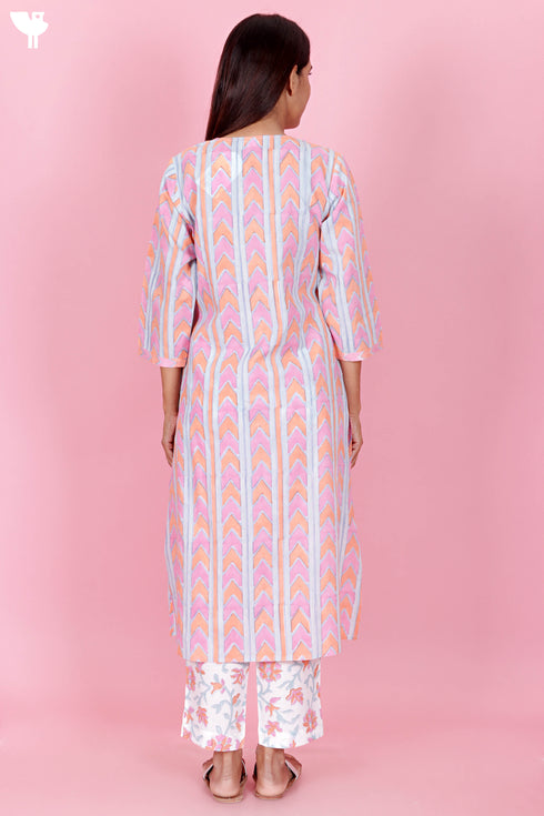 Cambric Cotton Kurta And Pant Set With Kota Dupatta In Block Print