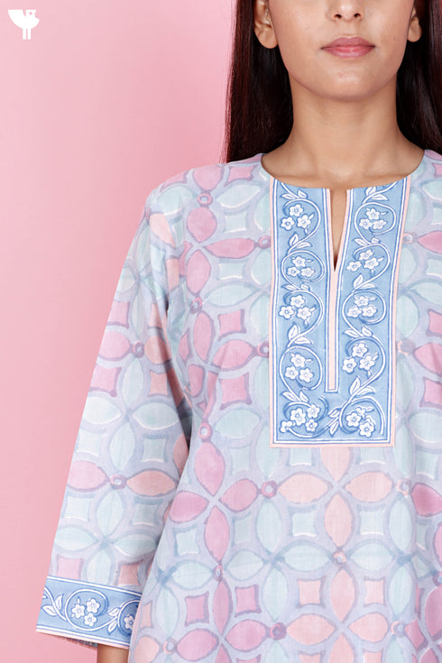 Cambric Cotton Kurta And Pant Set With Kota Dupatta In Block Print