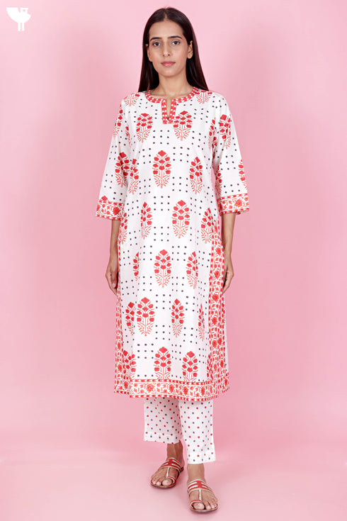 Cotton Kurta And Pant Set With Kota Dupatta In Block Print