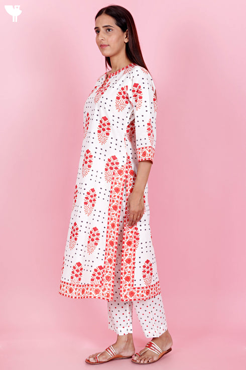 Cotton Kurta And Pant Set With Kota Dupatta In Block Print