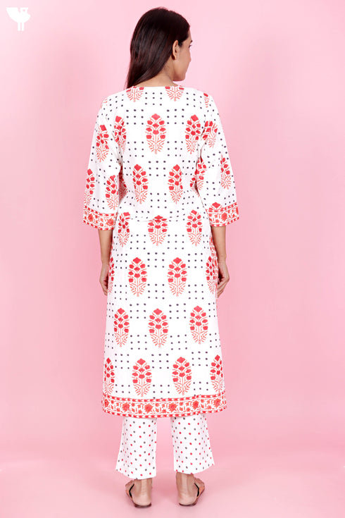 Cotton Kurta And Pant Set With Kota Dupatta In Block Print