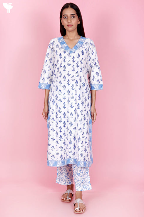 Cambric Cotton Kurta And Pant Set With Kota Dupatta In Block Print