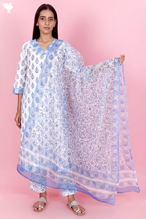 Cambric Cotton Kurta And Pant Set With Kota Dupatta In Block Print