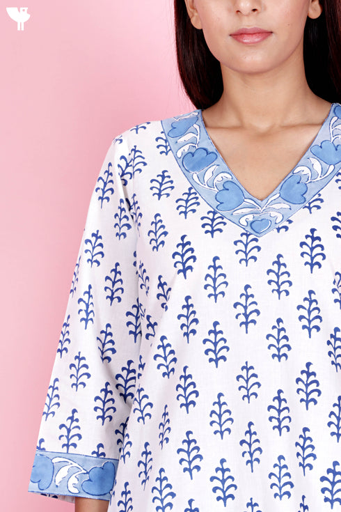 Cambric Cotton Kurta And Pant Set With Kota Dupatta In Block Print